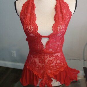 Sexy Red One Piece Crotchless Deep V Lace Teddy with Skirt Detail